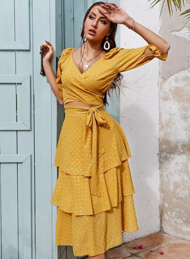 Tie Front Wrap Top & Layered Hem Skirt Set - Image 3