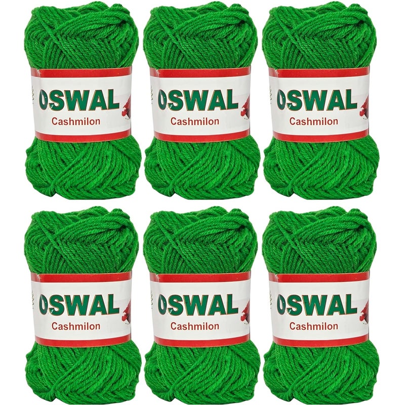 Woolco Oswal Cashimlon Acrylic Hand Knitting Yarn Balls – Ideal for DIY Craft Projects, Sweaters, Scarves, Socks, Fade-Resistant Wool Thread for Beginners - Green (Pack of 6, 20g Each) - Image 1