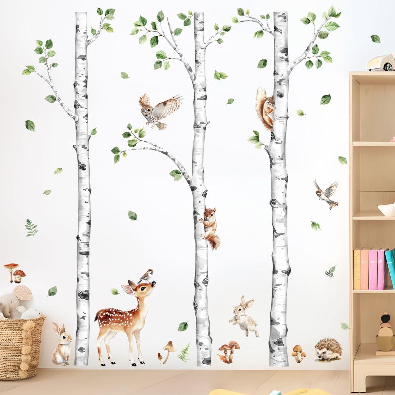 Decvictor Large Birch Tree Wall Decals, Forest Animal Wall Stickers Deer Rabbit Squirrel Owl Peel and Stick Wall Decal Waterproof Wall Art Sticker for Baby Nursery Kids Room Home Decor (H: 60.2 in) - Image 1
