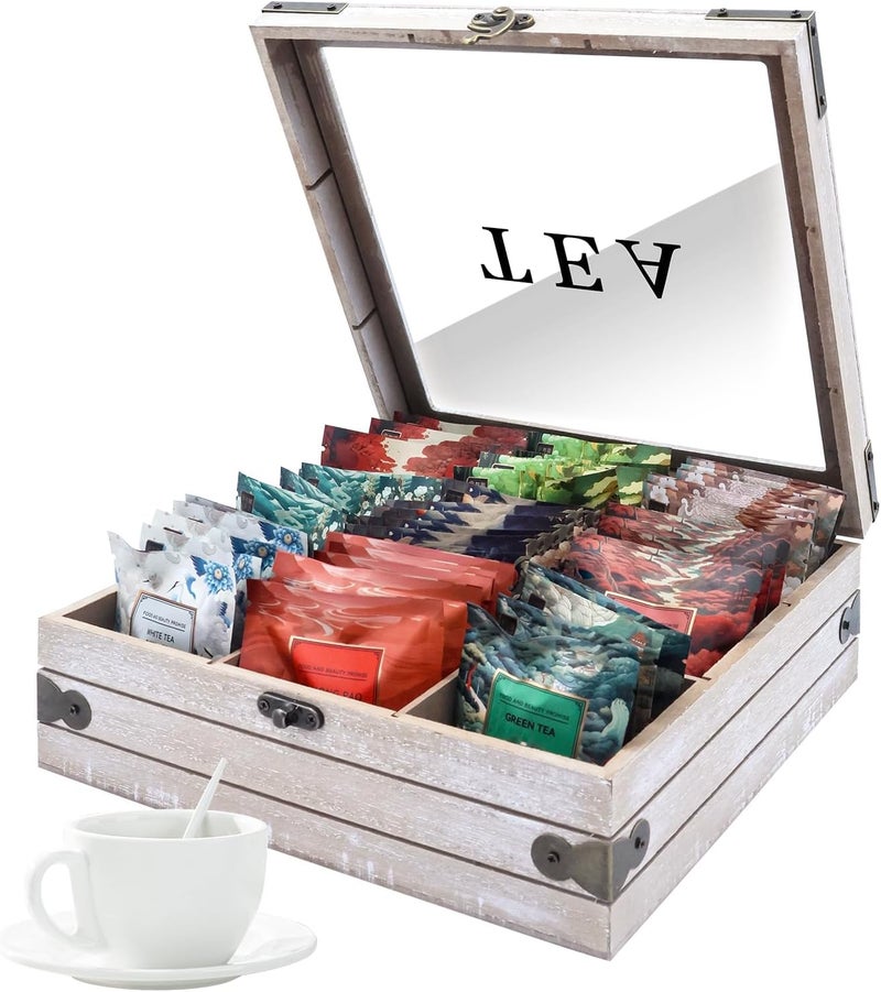 KASTWAVE Wooden Tea Bag Organizer, 9 Storage Compartments, Tea Storage Chest with Glass Lid, Sugar Packet & Teabag Holder, Display Station for Countertop, Gifts for Tea Lovers - Image 1
