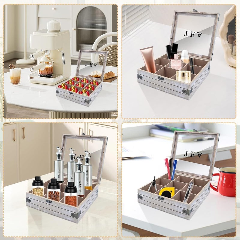 KASTWAVE Wooden Tea Bag Organizer, 9 Storage Compartments, Tea Storage Chest with Glass Lid, Sugar Packet & Teabag Holder, Display Station for Countertop, Gifts for Tea Lovers - Image 5