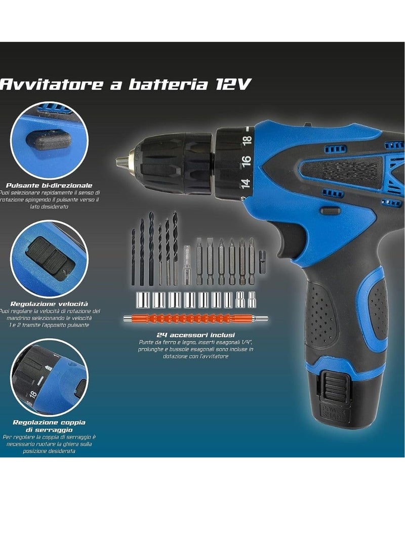 Cordless drill driver 12v case 24 accessories 2 batteries and charger - Image 3