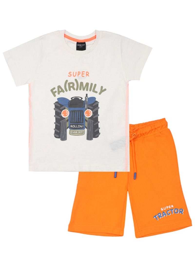 URBASY - Urbasy Kids Boys Printed Round Neck Ivory T-Shirt With Orange Shorts - Image 1