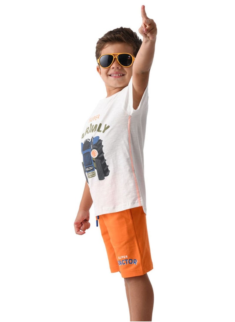 URBASY - Urbasy Kids Boys Printed Round Neck Ivory T-Shirt With Orange Shorts - Image 1