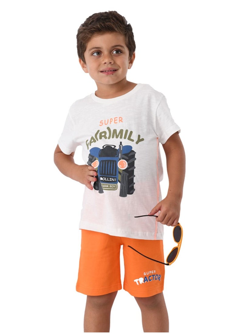 URBASY - Urbasy Kids Boys Printed Round Neck Ivory T-Shirt With Orange Shorts - Image 1