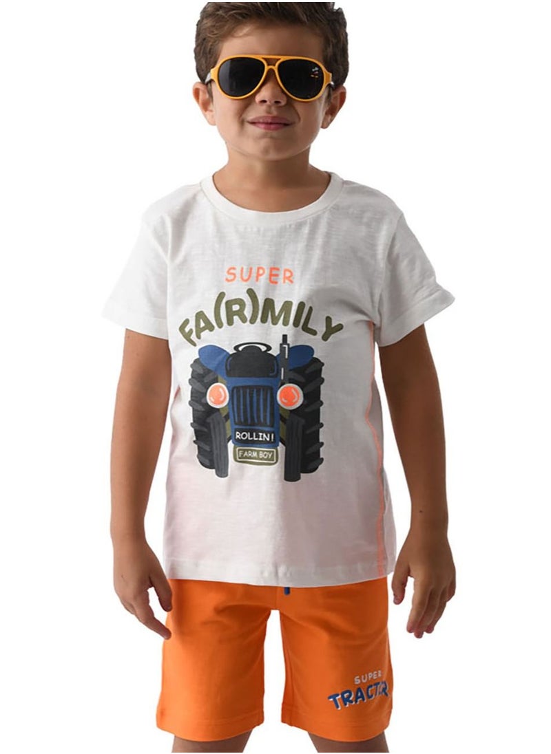 URBASY - Urbasy Kids Boys Printed Round Neck Ivory T-Shirt With Orange Shorts - Image 1