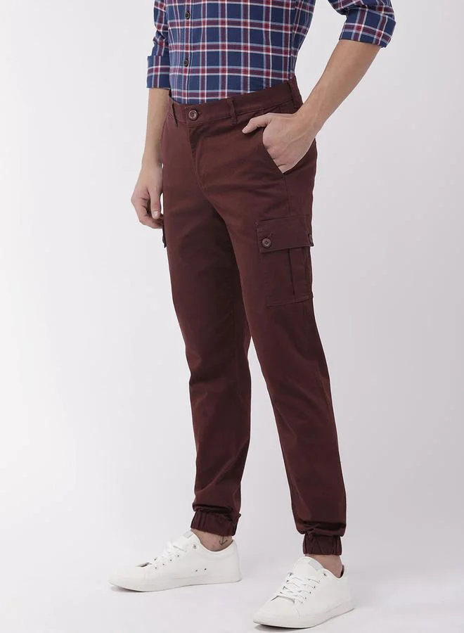 The Indian Garage Co Men Burgundy Slim Fit Cargo Joggers