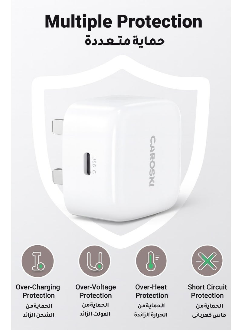 كاروسكي شاحن كاروسكي USB C - قابس حائط قابل للطي بمنفذ USB-C مزدوج سريع الشحن لأجهزة iPhone 15 وiPad - شاحن سامسونج 20 وات - تصميم أبيض أنيق - Image 3