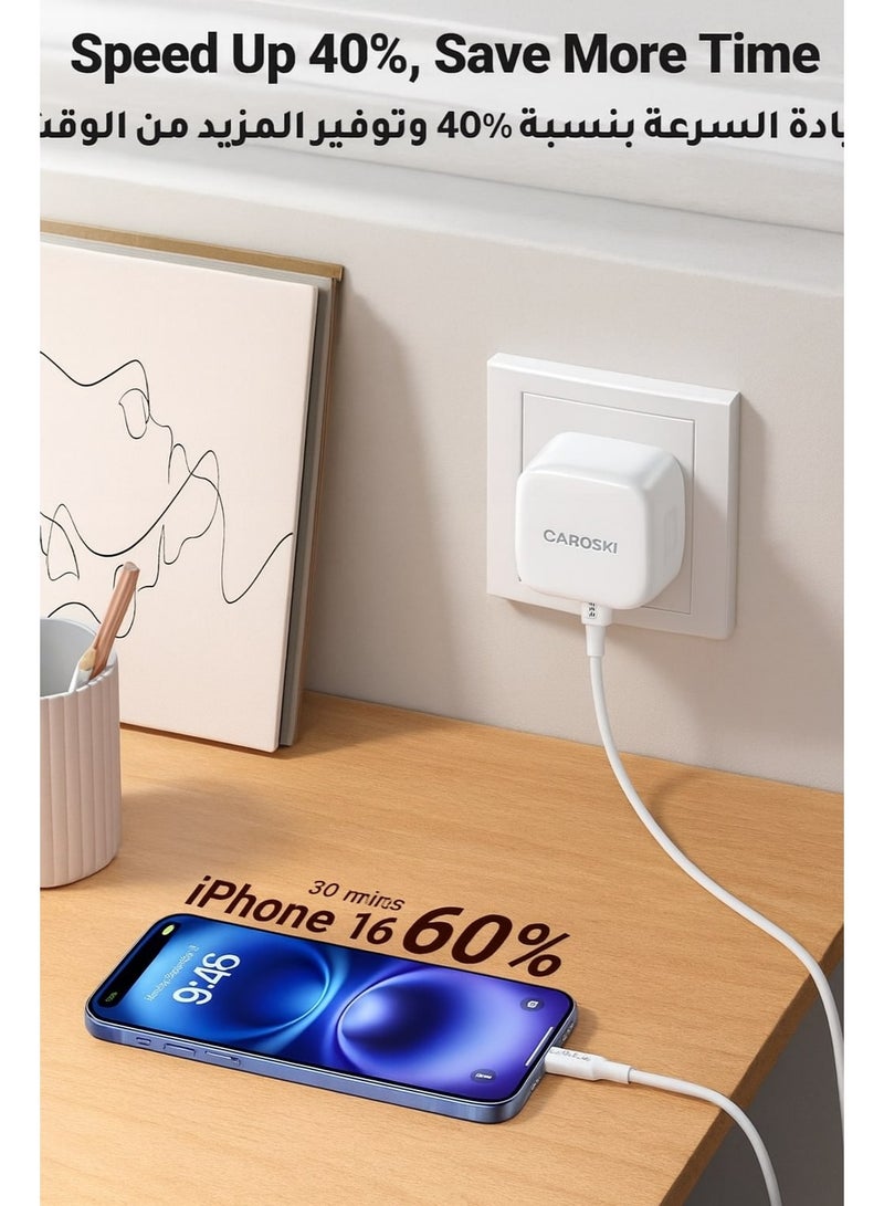 كاروسكي شاحن كاروسكي USB C - قابس حائط قابل للطي بمنفذ USB-C مزدوج سريع الشحن لأجهزة iPhone 15 وiPad - شاحن سامسونج 20 وات - تصميم أبيض أنيق - Image 2