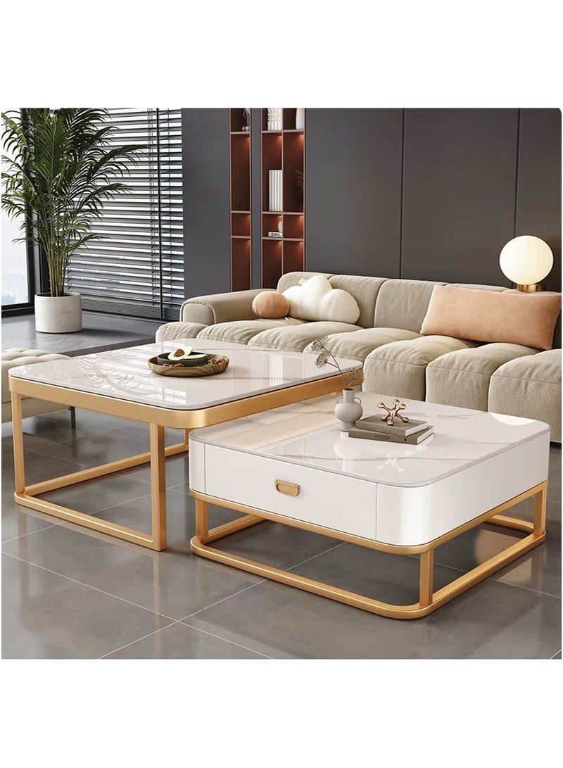 DubaiGallery طقم طاولات قهوة متداخلة من 2، طاولة جانبية عصرية، طاولات قهوة زجاجية دائرية بملمس رخام، طاولات قابلة للتكديس، طاولة أريكة لغرفة المعيشة، إطار معدني، لغرفة المعيشة أو الشرفة أو المكتب - Image 1