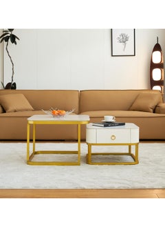 DubaiGallery Nesting Coffee Table Set of 2, Modern Side Table, Round Tempered Glass Marble Texture Stackable Coffee Tables, Living Room Sofa Table, Metal Frame, for Living Room Balcony Office  - Image 4