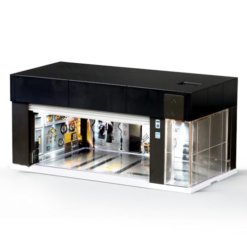 MOCBURIKU 164 Scale Diecast Display Case for Hot Wheel Storage with LED Lights Stackable Electric Garage with Voice Control 3 Replaceable 3D Scenes Parking Lot Diorama for Model Cars Black - Image 1