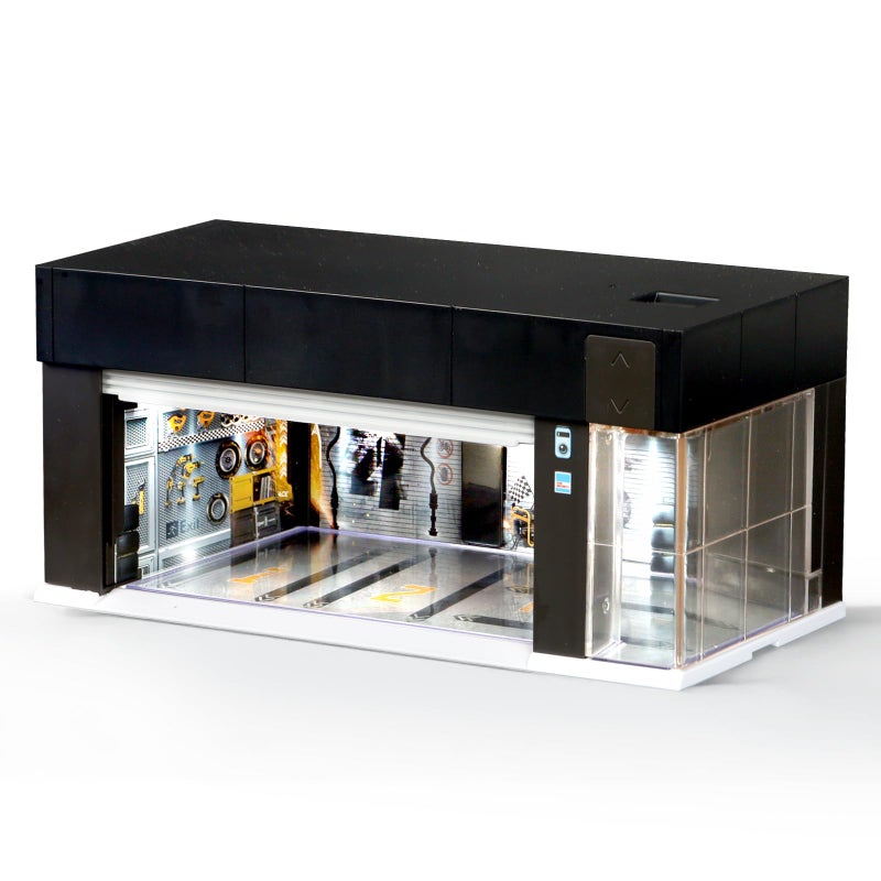MOCBURIKU 164 Scale Diecast Display Case for Hot Wheel Storage with LED Lights Stackable Electric Garage with Voice Control 3 Replaceable 3D Scenes Parking Lot Diorama for Model Cars Black - Image 2