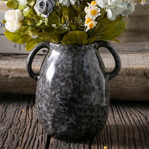 Tanvecle Black Ceramic Vase with 2 Handles Modern Farmhouse Decor Rustic Terracotta Pottery Decorative Flower Vases Clay Small Vase Centerpiece for Dining Table 7 Inch Tall - Image 1