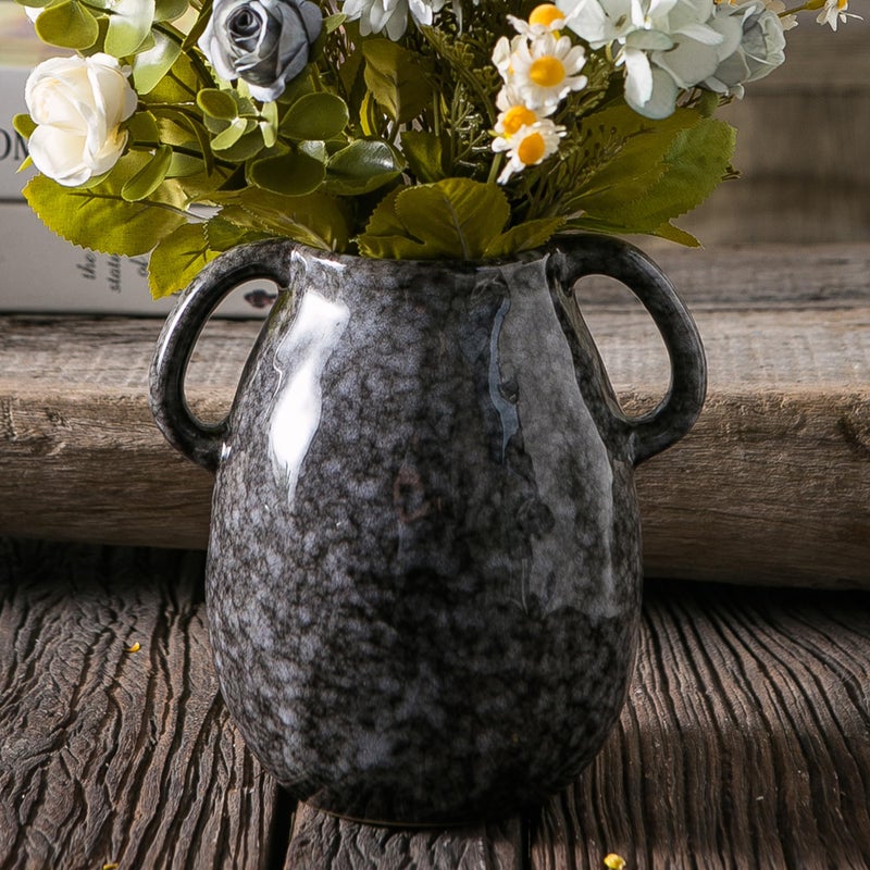 Tanvecle Black Ceramic Vase with 2 Handles Modern Farmhouse Decor Rustic Terracotta Pottery Decorative Flower Vases Clay Small Vase Centerpiece for Dining Table 7 Inch Tall - Image 2