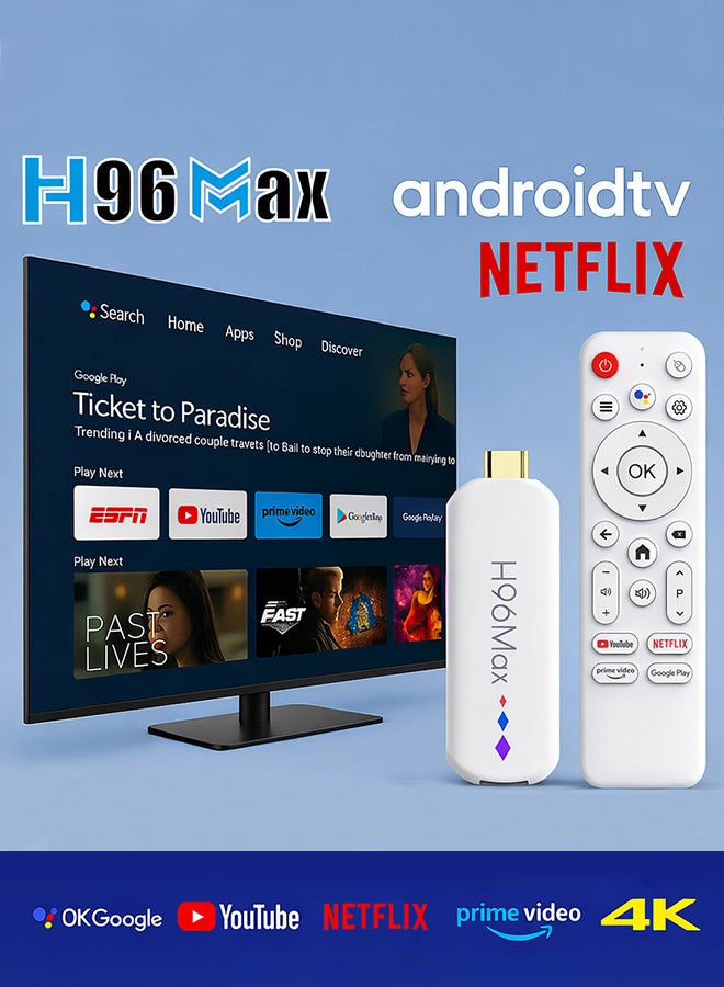 اتش 96 ماكس جهاز تلفزيون ذكي ستوك أندرويد 14 رباعي النواة S905L3 واي فاي 6 بلوتوث 5.0 4K مشغل وسائط مساعد صوتي جوجل جهاز تلفزيون AI، صندوق تلفزيون ستوب أبيض - Image 1