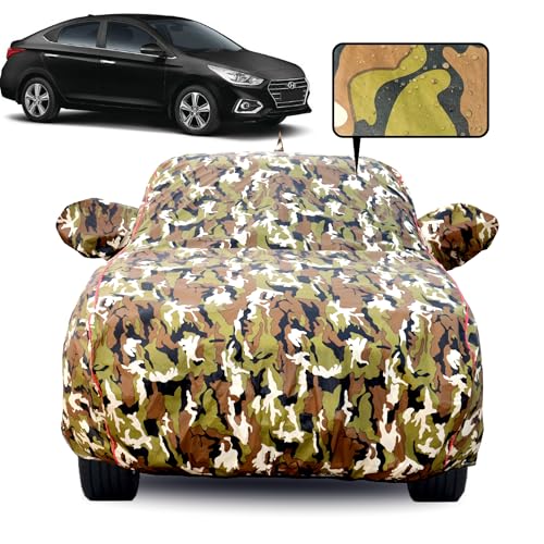 Slamio Waterproof Car Body Cover for Hyundai Fluidic Verna (2011-2016) with Mirror Pocket, Soft Cotton Lining, Triple Stitched, Full Bottom Elastic (Heat Resistant Jungle Print with Red Piping) - Image 1