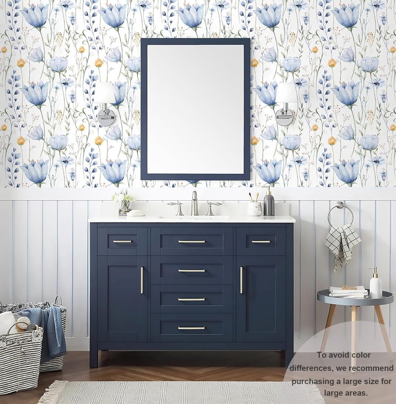HeloHo Blue Floral Wallpaper Peel and Stick Self Adhesive Removable Wall Paper Waterproof Contact Paper for Furniture Living Room Bedroom Decor 16.1" X 118" - Image 3