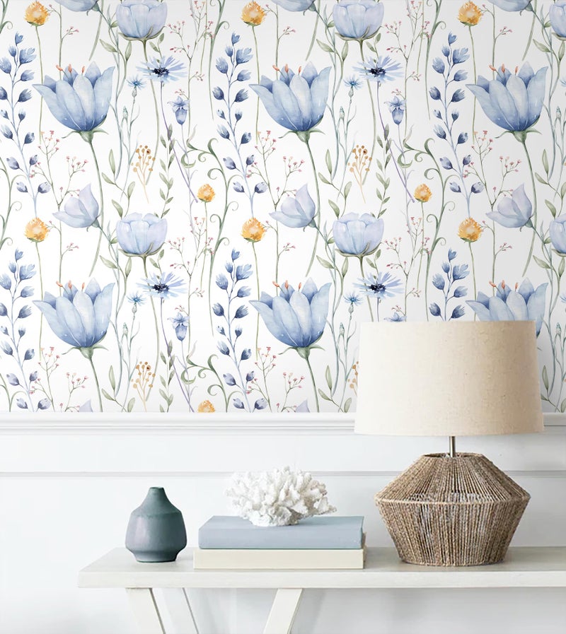 HeloHo Blue Floral Wallpaper Peel and Stick Self Adhesive Removable Wall Paper Waterproof Contact Paper for Furniture Living Room Bedroom Decor 16.1" X 118" - Image 4