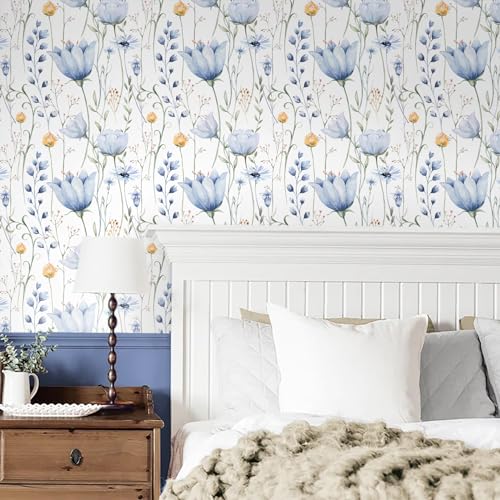 HeloHo Blue Floral Wallpaper Peel and Stick Self Adhesive Removable Wall Paper Waterproof Contact Paper for Furniture Living Room Bedroom Decor 16.1" X 118" - Image 2