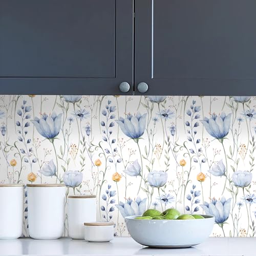 HeloHo Blue Floral Wallpaper Peel and Stick Self Adhesive Removable Wall Paper Waterproof Contact Paper for Furniture Living Room Bedroom Decor 16.1" X 118" - Image 5