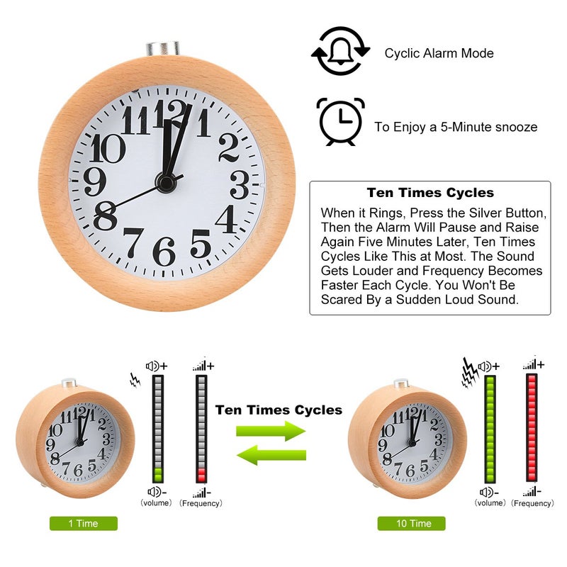 EC VISION ساعة منبه كلاسيكية صغيرة دائرية مصنوعة يدويًا من خشب الزان مع ضوء ليلي - Image 2