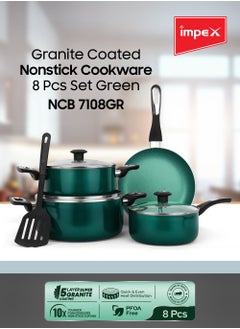Impex 8 Piece Aluminium Nonstick Cookware Set,5 Layer Super Granite Coating,2 Saucepan With Tempered Glass Lid, Milk pan With Lid, Fraying Pan And Spatula-NCB 7108GR  - Image 1