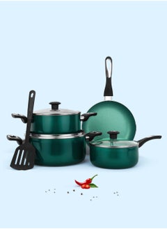 Impex 8 Piece Aluminium Nonstick Cookware Set,5 Layer Super Granite Coating,2 Saucepan With Tempered Glass Lid, Milk pan With Lid, Fraying Pan And Spatula-NCB 7108GR  - Image 2