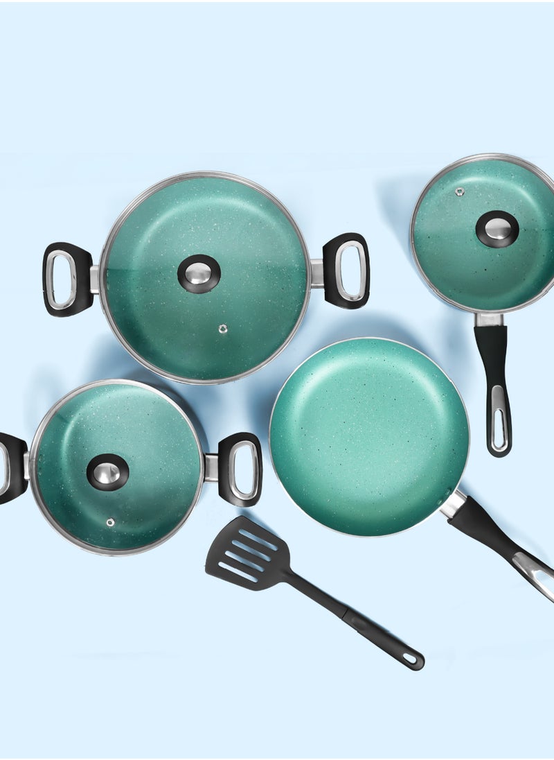 8 Piece Aluminium Nonstick Cookware Set,5 Layer Super Granite Coating,2 Saucepan With Tempered Glass Lid, Milk pan With Lid, Fraying Pan And Spatula-NCB 7108GR