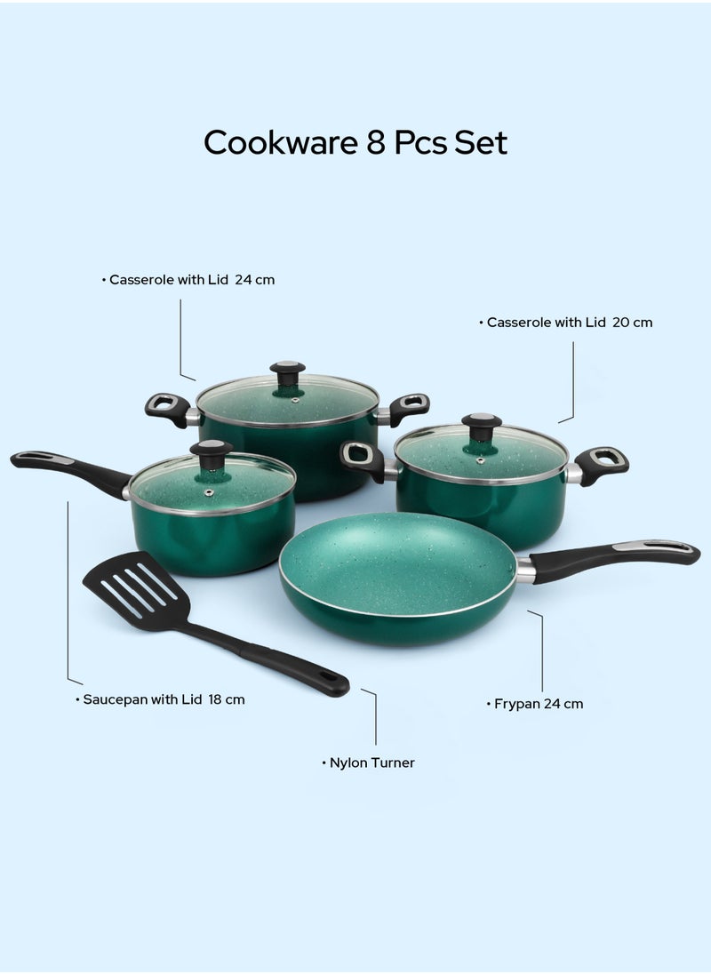 8 Piece Aluminium Nonstick Cookware Set,5 Layer Super Granite Coating,2 Saucepan With Tempered Glass Lid, Milk pan With Lid, Fraying Pan And Spatula-NCB 7108GR