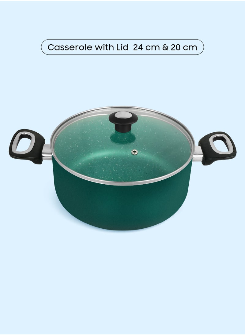 8 Piece Aluminium Nonstick Cookware Set,5 Layer Super Granite Coating,2 Saucepan With Tempered Glass Lid, Milk pan With Lid, Fraying Pan And Spatula-NCB 7108GR