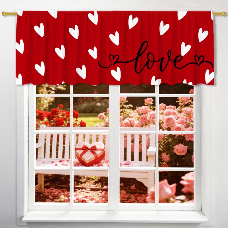 FUTBU Valentine's Day Valance for Windows, Small Love Kitchen Decor Valance Curtain Rod Pocket Classic Country Farmhouse, Valentines Red Love Decorations 18x54 Inch Window Treatment for Bathroom Living Room - Image 1