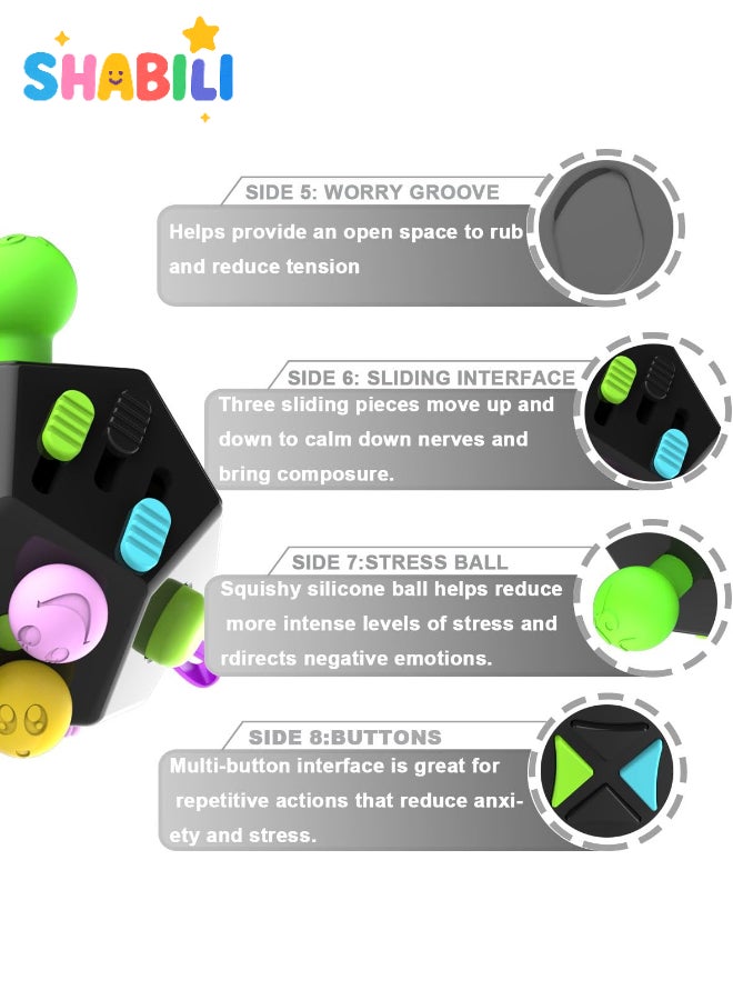 SHABILI 12-Side Fidget Cube for Kids and Adults, Sensory Stress Relief Toy with Gears, Joystick, Buttons & Switches – Anxiety Relief Cube for ADHD, OCD, Autism – Anti-Stress Gadget for Travel, School, Office - Image 4