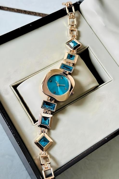 SWADESI STUFF Women’s Luxury Analog Watch – Round Dial in Square Case – Stone Studded Bracelet Strap Quartz Wrist Watch for Girls, Ladies & Miss (Blue) - Image 5