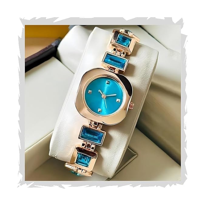 SWADESI STUFF Women’s Luxury Analog Watch – Round Dial in Square Case – Stone Studded Bracelet Strap Quartz Wrist Watch for Girls, Ladies & Miss (Blue) - Image 4