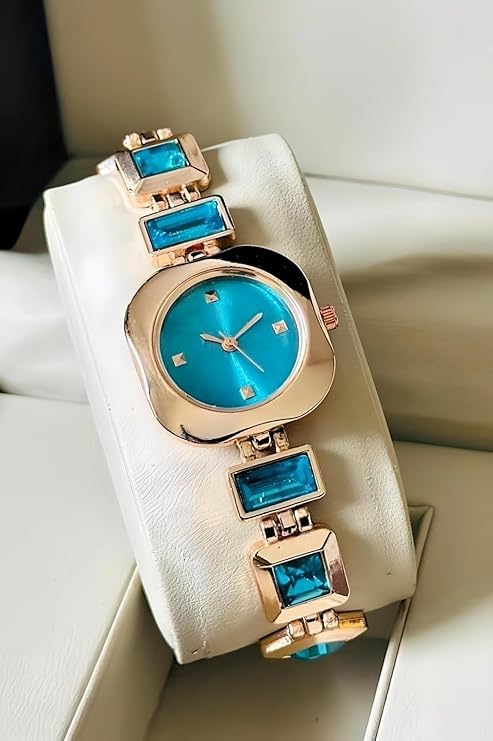 SWADESI STUFF Women’s Luxury Analog Watch – Round Dial in Square Case – Stone Studded Bracelet Strap Quartz Wrist Watch for Girls, Ladies & Miss (Blue) - Image 3