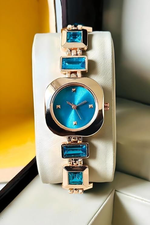 SWADESI STUFF Women’s Luxury Analog Watch – Round Dial in Square Case – Stone Studded Bracelet Strap Quartz Wrist Watch for Girls, Ladies & Miss (Blue) - Image 2