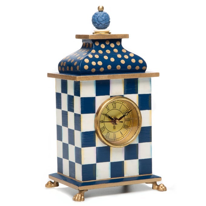 MACKENZIECHILDS DESK CLOCK DECORATIVE WOOD CLOCK FOR KITCHEN AND LIVING ROOM BLUEANDWHITE ROYAL CHECK
