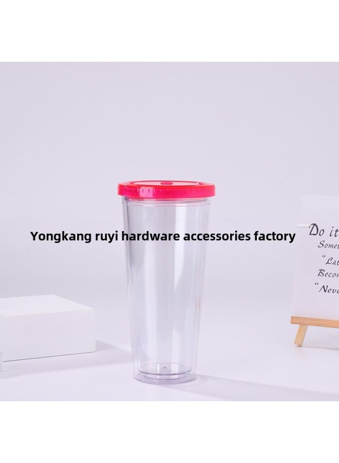 Double Layer Suction Tube Cup Transparent Suction Tube Cup Ice Cup, Suction Tube Cup-Color:Red-Capacity:401-500ml  - Image 4