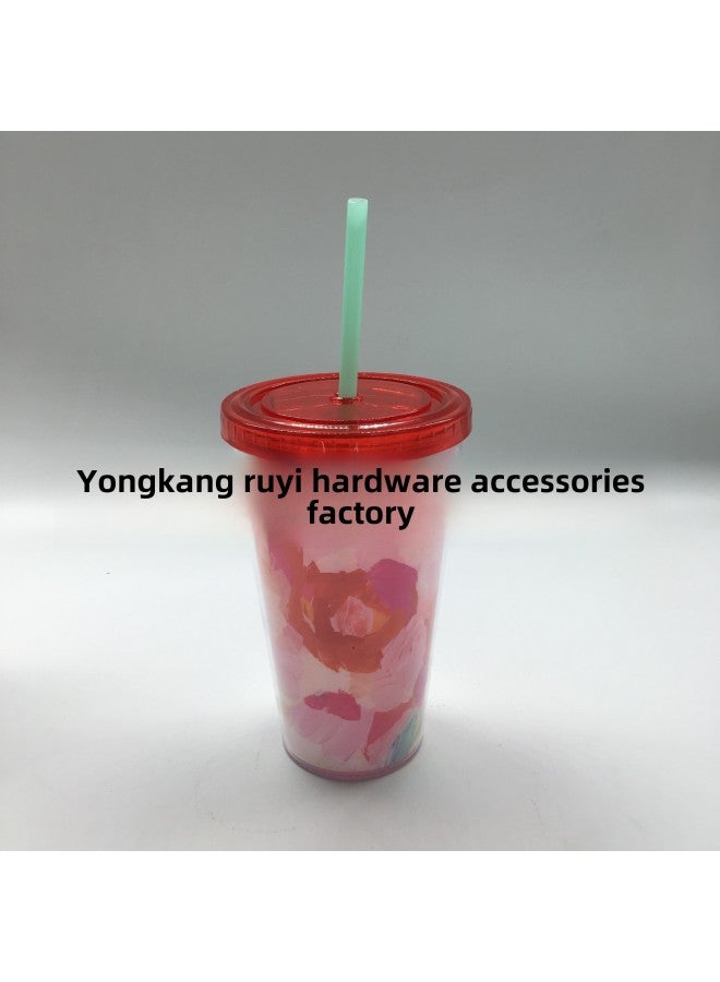 Double Layer Suction Tube Cup Transparent Suction Tube Cup Ice Cup, Suction Tube Cup-Color:Red-Capacity:401-500ml  - Image 1