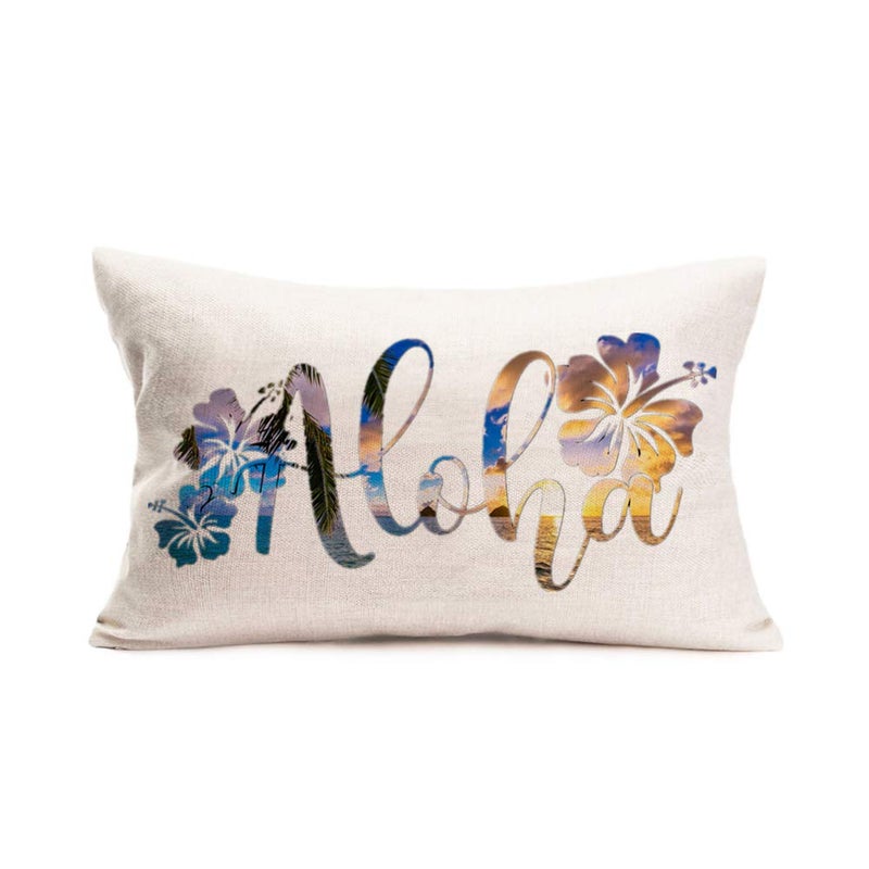 Fukeen Summer Beach Pillow Cover 12x20 Inch Aloha Hawaii Quotes Words Tropical Palm Leaves Flower Throw Pillow Cover Cushion Case Cotton Linen Ocean Home Holiday Decor Pillow Case White - Image 1