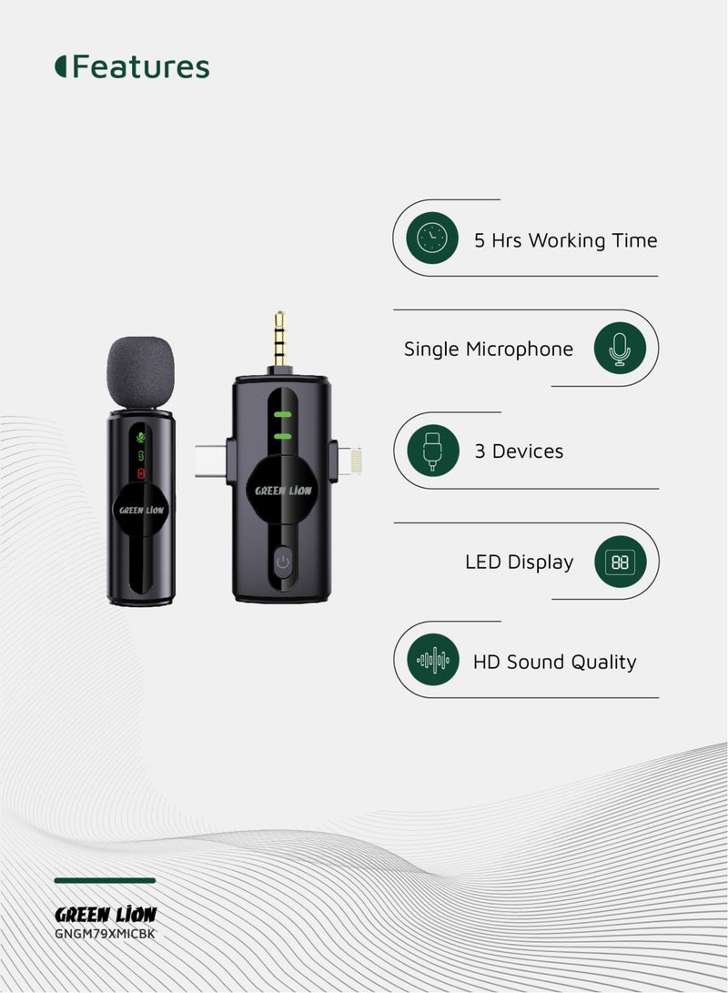 ميكروفون GM-79X أحادي مع خاصية إلغاء الضوضاء على ثلاثة مستويات / شاشة LED / مراقبة فورية / تأخير منخفض للغاية / متعدد الاتجاهات بزاوية 360 درجة / Type-C / AUX / Lightning - أسود