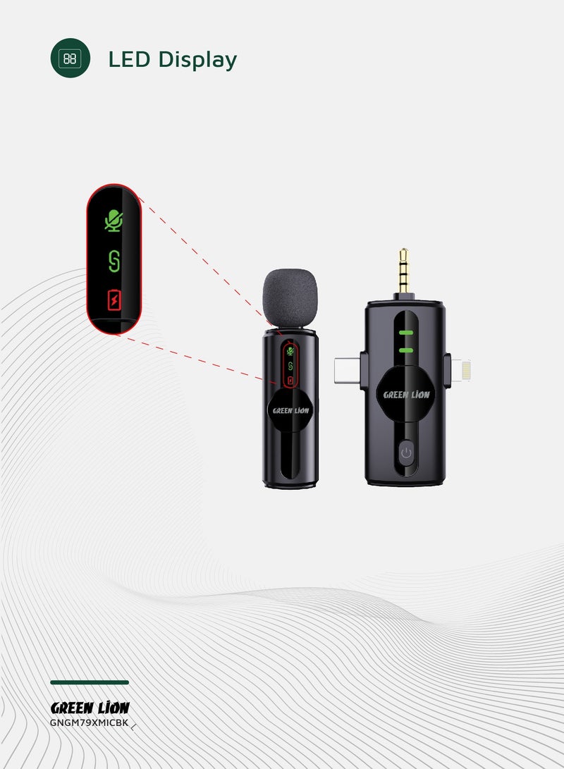 ميكروفون GM-79X أحادي مع خاصية إلغاء الضوضاء على ثلاثة مستويات / شاشة LED / مراقبة فورية / تأخير منخفض للغاية / متعدد الاتجاهات بزاوية 360 درجة / Type-C / AUX / Lightning - أسود