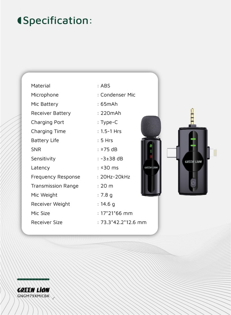 ميكروفون GM-79X أحادي مع خاصية إلغاء الضوضاء على ثلاثة مستويات / شاشة LED / مراقبة فورية / تأخير منخفض للغاية / متعدد الاتجاهات بزاوية 360 درجة / Type-C / AUX / Lightning - أسود