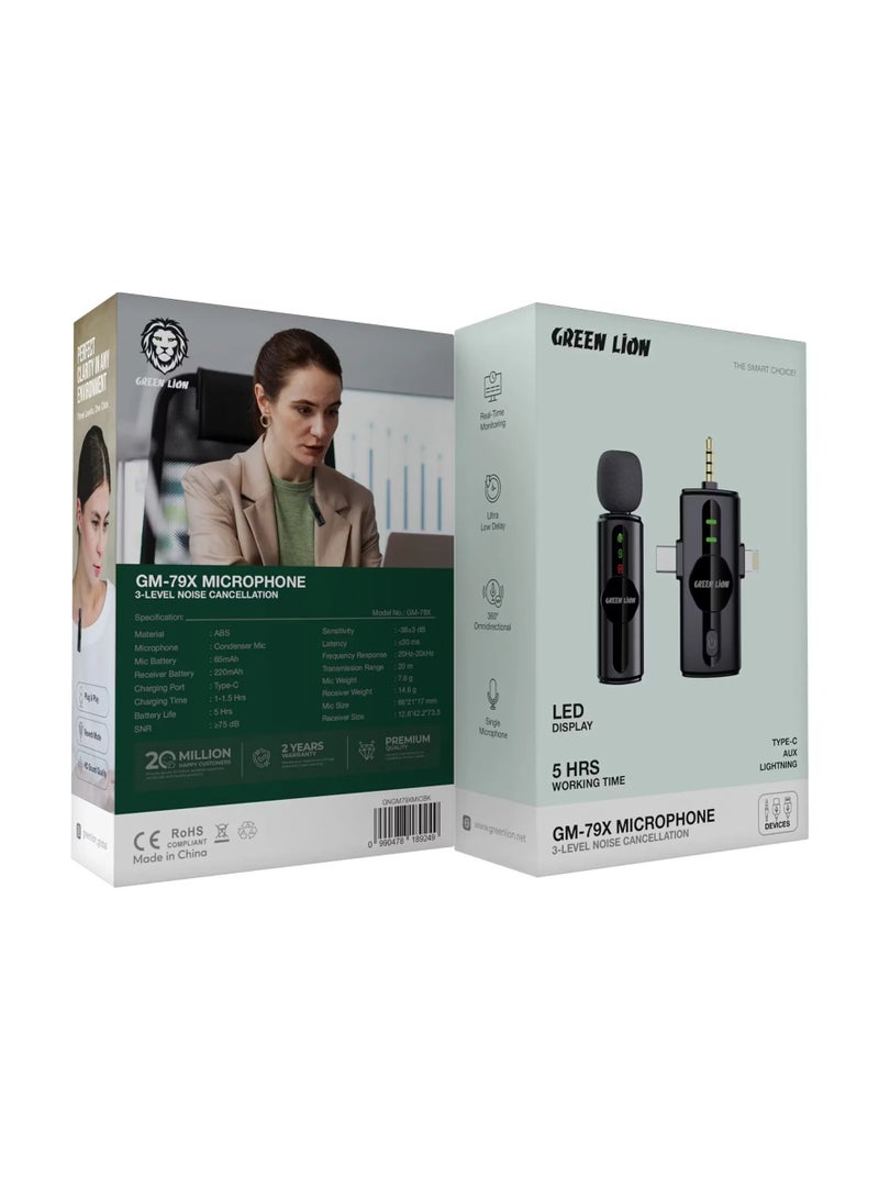 ميكروفون GM-79X أحادي مع خاصية إلغاء الضوضاء على ثلاثة مستويات / شاشة LED / مراقبة فورية / تأخير منخفض للغاية / متعدد الاتجاهات بزاوية 360 درجة / Type-C / AUX / Lightning - أسود
