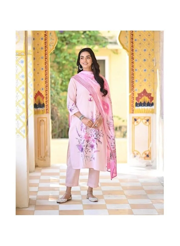 جو سريكي مزيج قطن نسائي من GoSriKi مطبوع باللون الكورتا المستقيم مع بنطال ودوباتا (دورجان الوردي-GS_M_Pink_Medium)