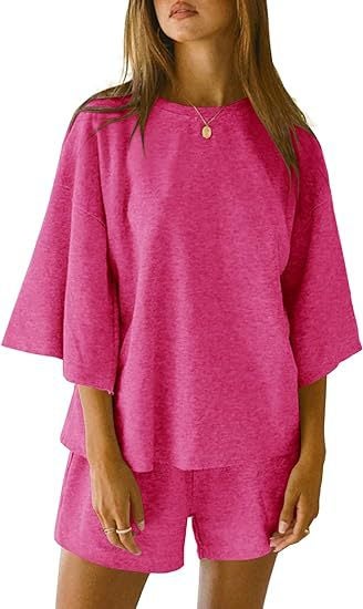 Summer 2025 New Cross-border Foreign Trade Womens 2-piece Set Seven-sleeve Top and Short Pants Casual suit rose red - Image 1