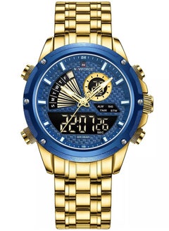 Men's Dual Display Chronograph Watch with Blue Dial, Gold Stainless Steel Bracelet, and Water-Resistant Design for Business and Casual Wear
