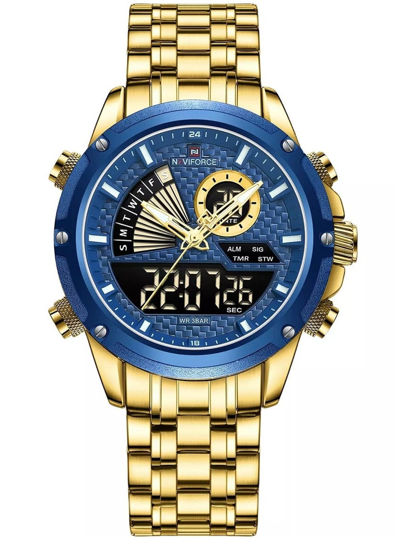 NAVIFORCE - Men's Dual Display Chronograph Watch with Blue Dial, Gold Stainless Steel Bracelet, and Water-Resistant Design for Business and Casual Wear - Image 1