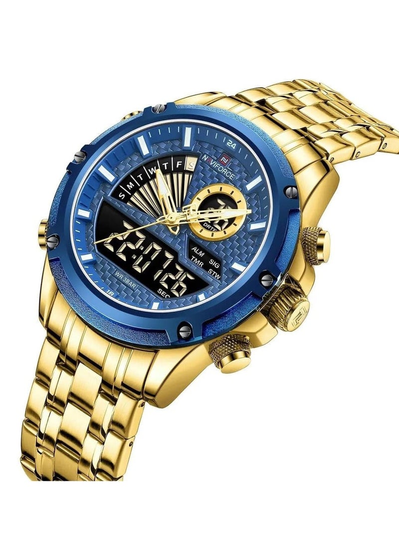 NAVIFORCE - Men's Dual Display Chronograph Watch with Blue Dial, Gold Stainless Steel Bracelet, and Water-Resistant Design for Business and Casual Wear - Image 1